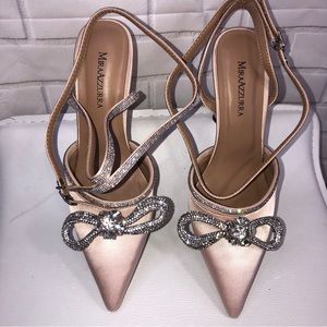 MIRAAZZURRA Women High Heeled Sandals Satin Sparkly Rhinestone Double Bow Size 6